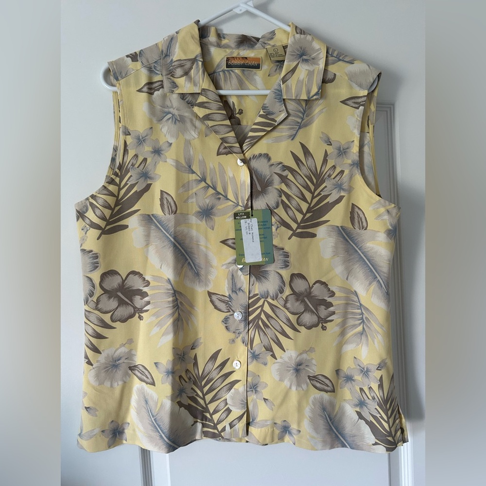 Bobby Chan Y2K Silk Floral Hawaiian Tropical Button Down Sleeveless Collard Polo